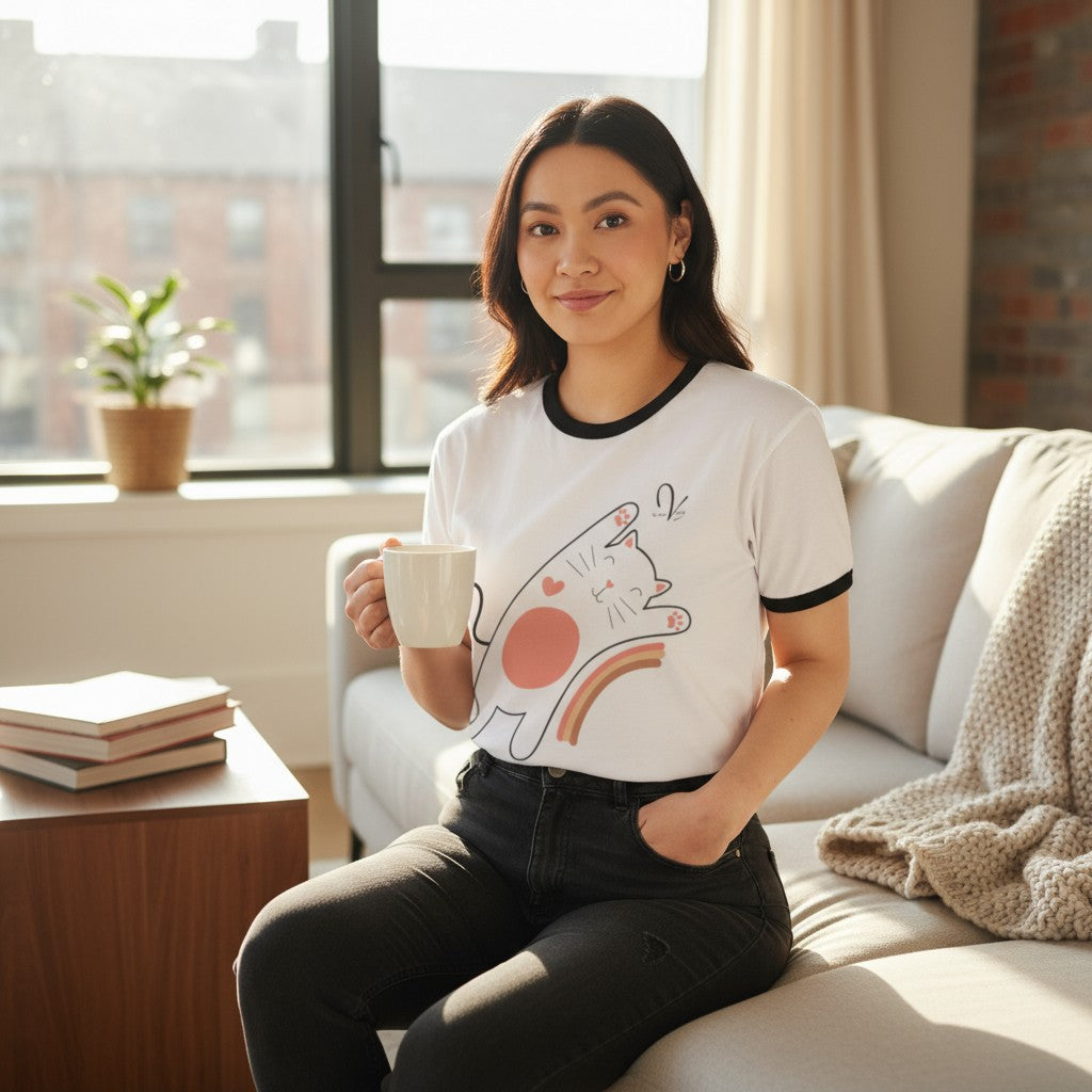 T-shirt unisexe en coton avec chat et arc-en-ciel