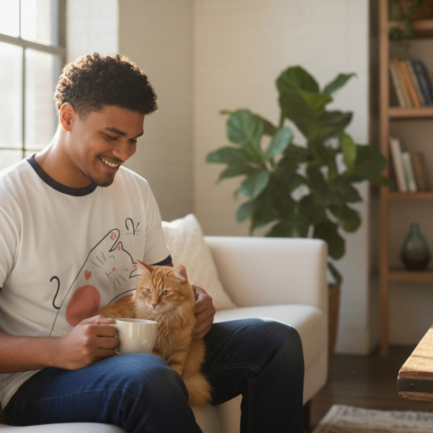 Cute Cat on Rainbow Unisex Cotton Ringer T-Shirt