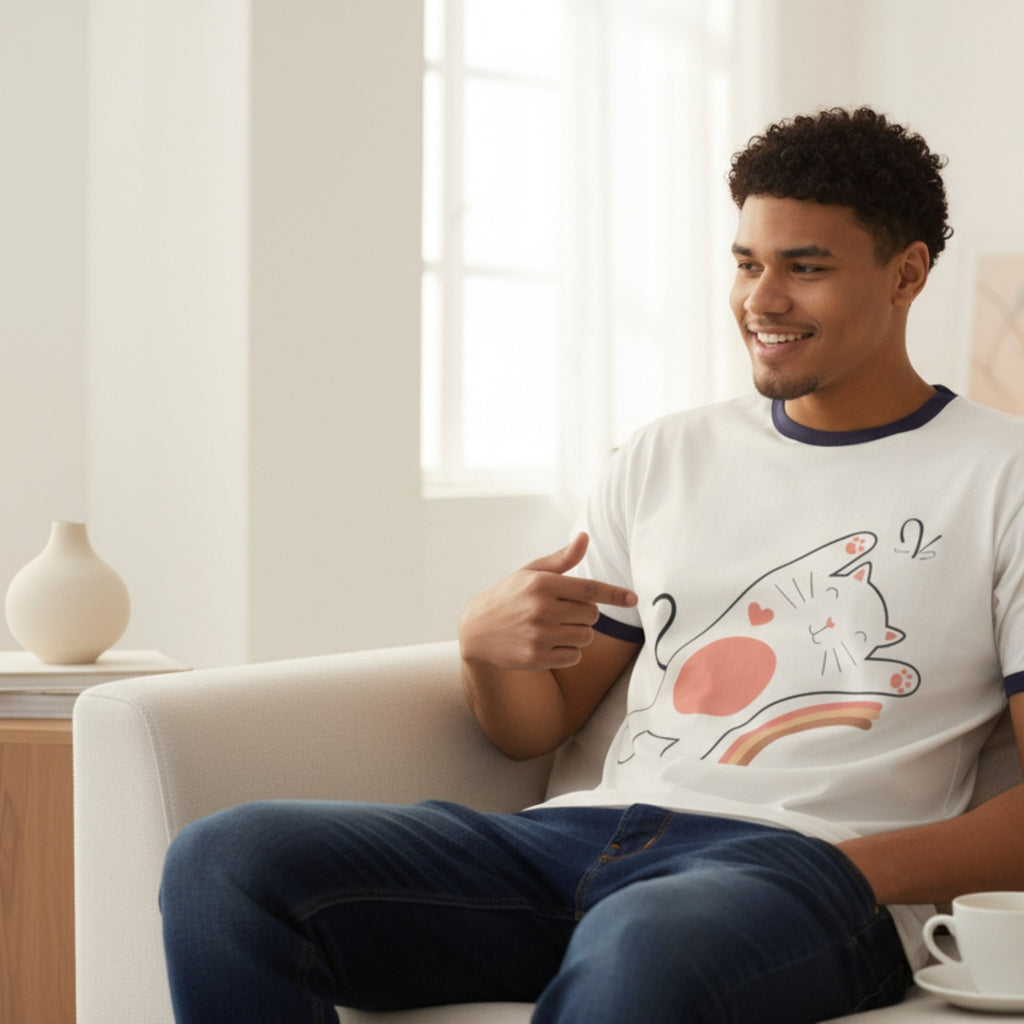 T-shirt unisexe en coton avec chat et arc-en-ciel