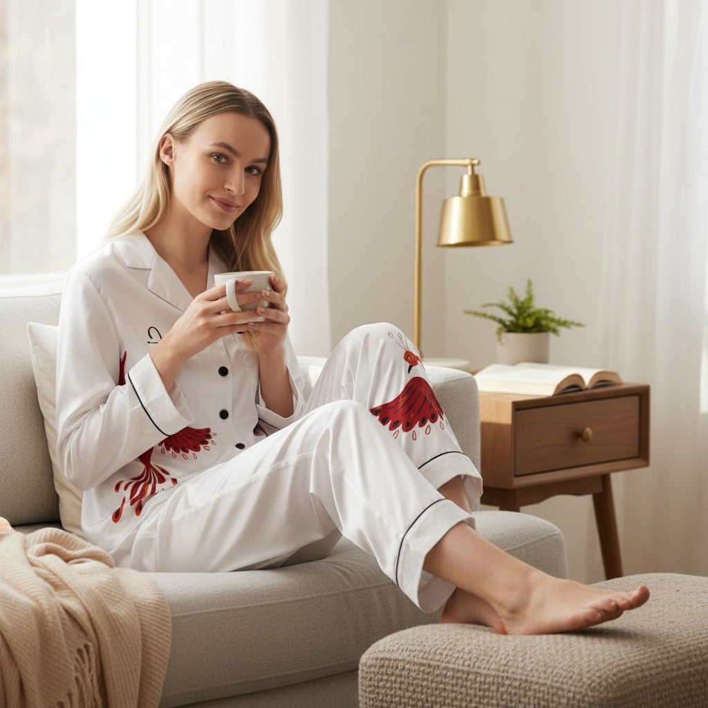Elegant Women's Satin Pajamas with Artistic Bird Design