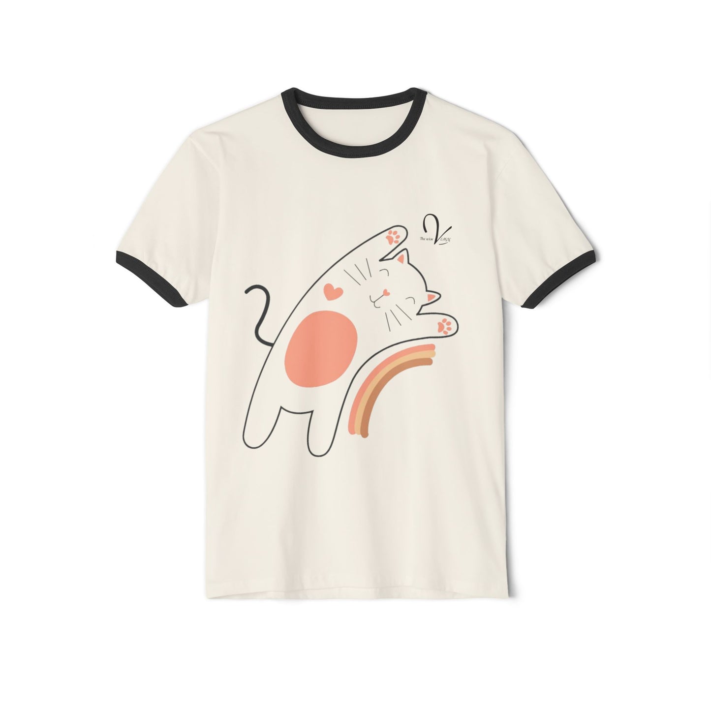Cute Cat on Rainbow Unisex Cotton Ringer T-Shirt
