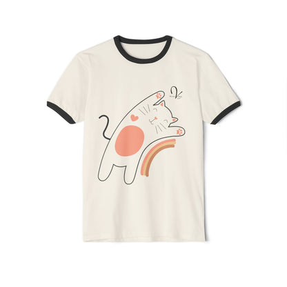 Cute Cat on Rainbow Unisex Cotton Ringer T-Shirt
