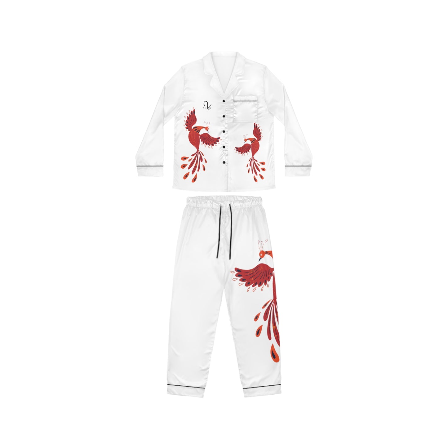 Elegant Women's Satin Pajamas with Artistic Bird Design