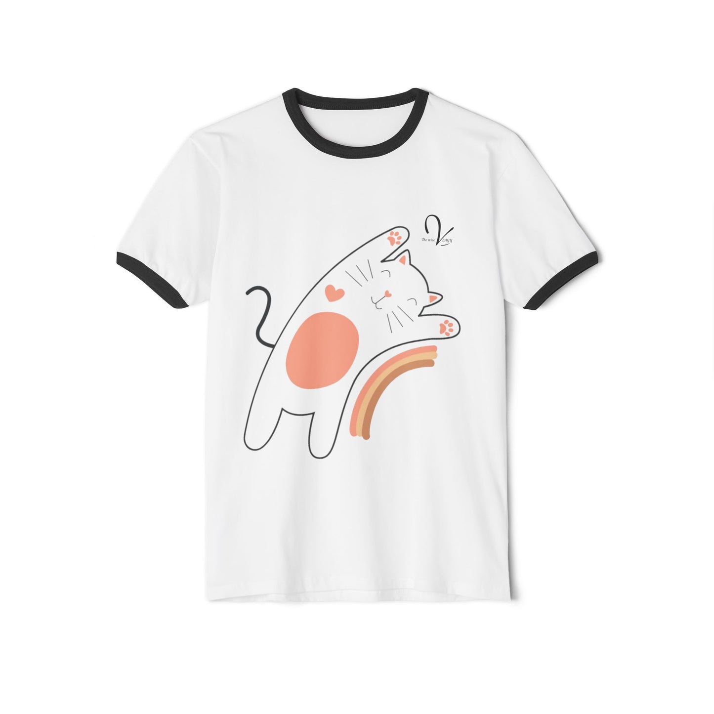 Cute Cat on Rainbow Unisex Cotton Ringer T-Shirt