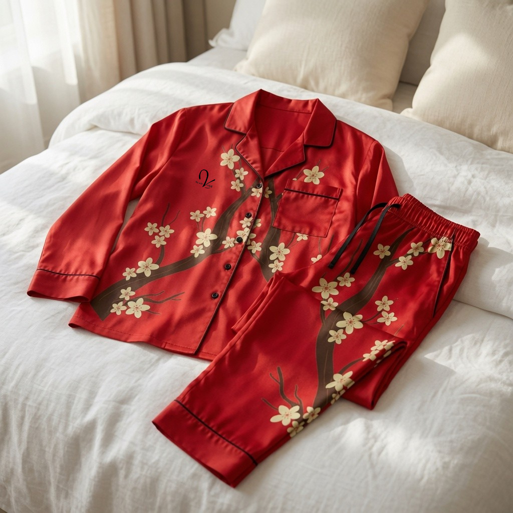 Asian Floral Satin Pajamas - Women