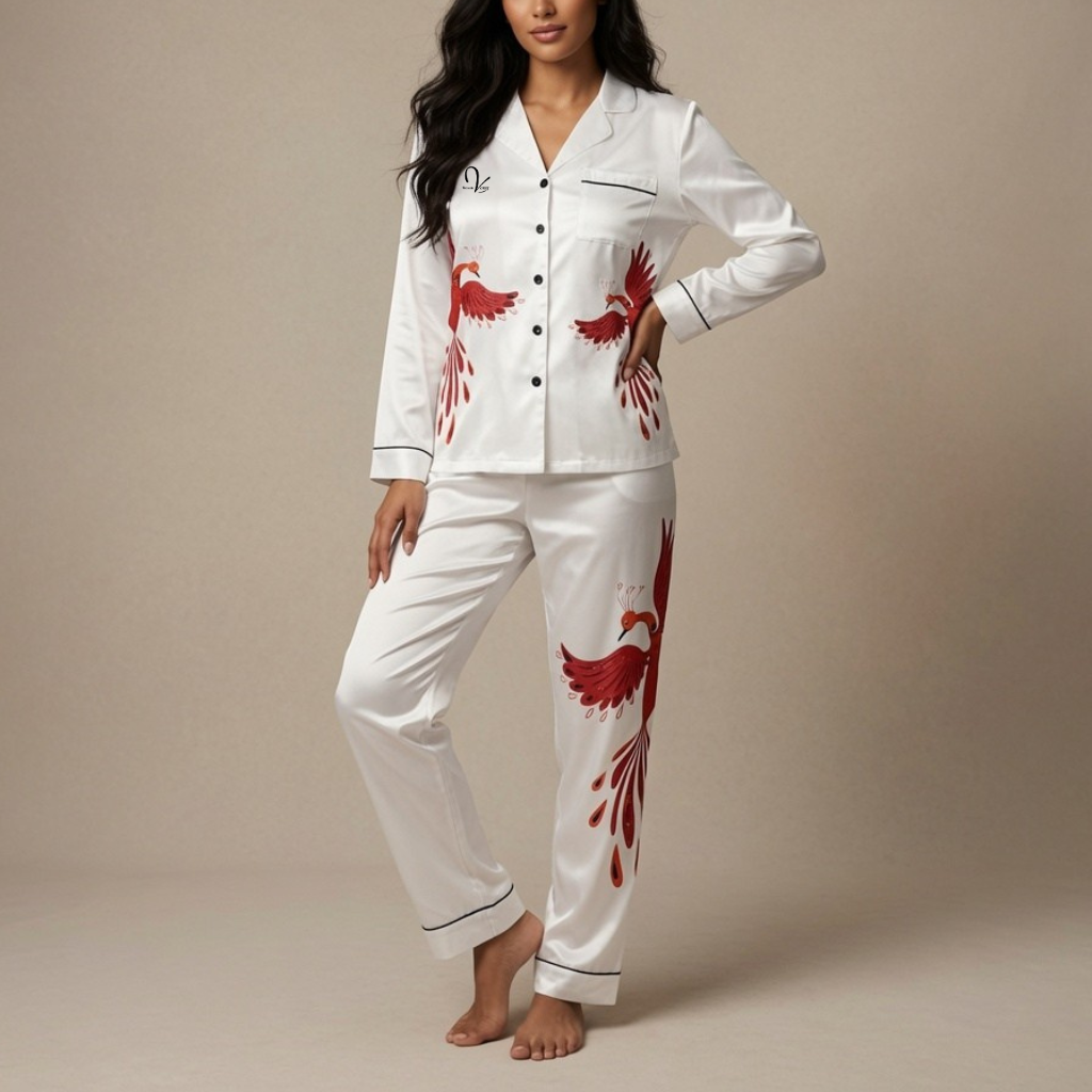 Bird Print Satin Pajamas - Women