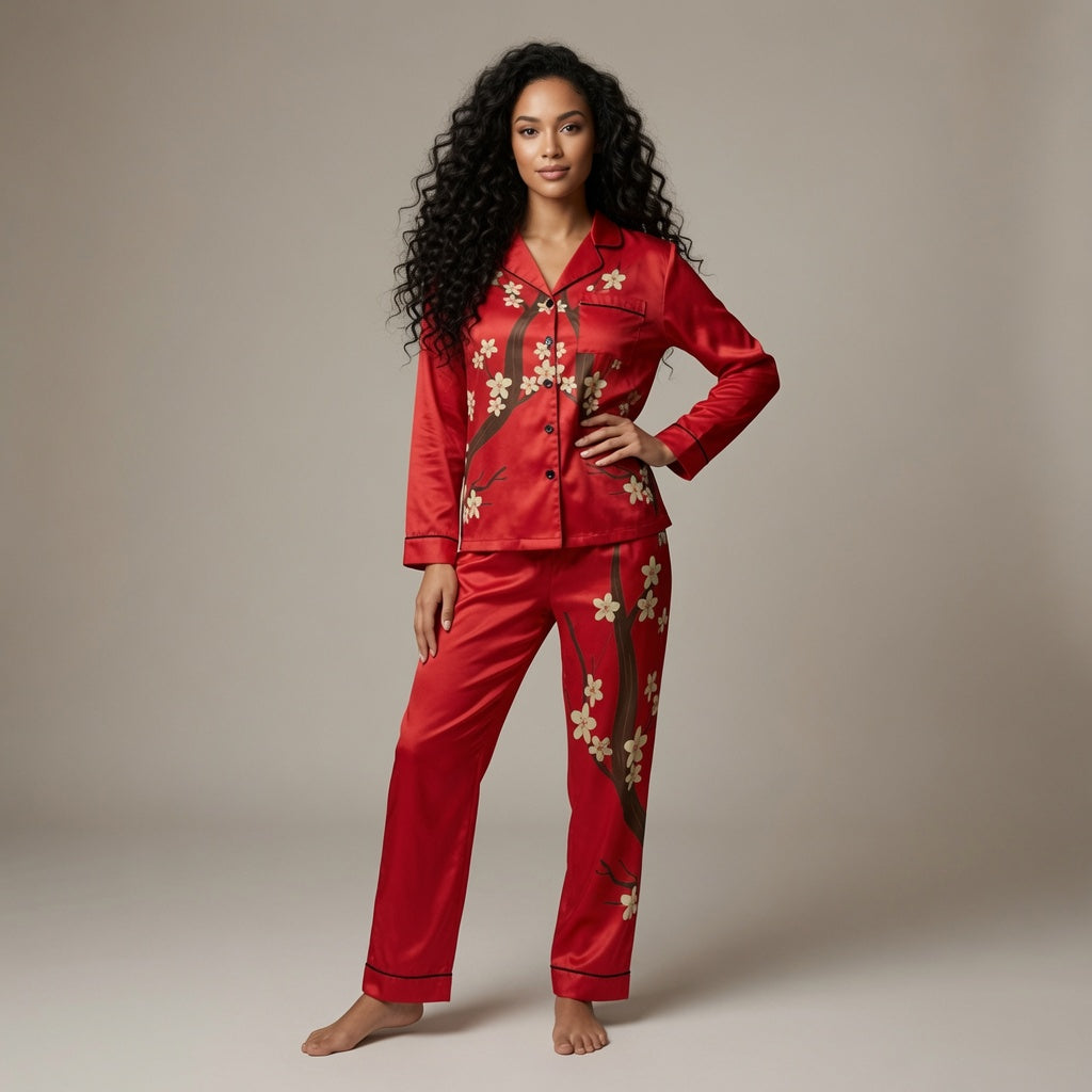Asian Floral Satin Pajamas - Women