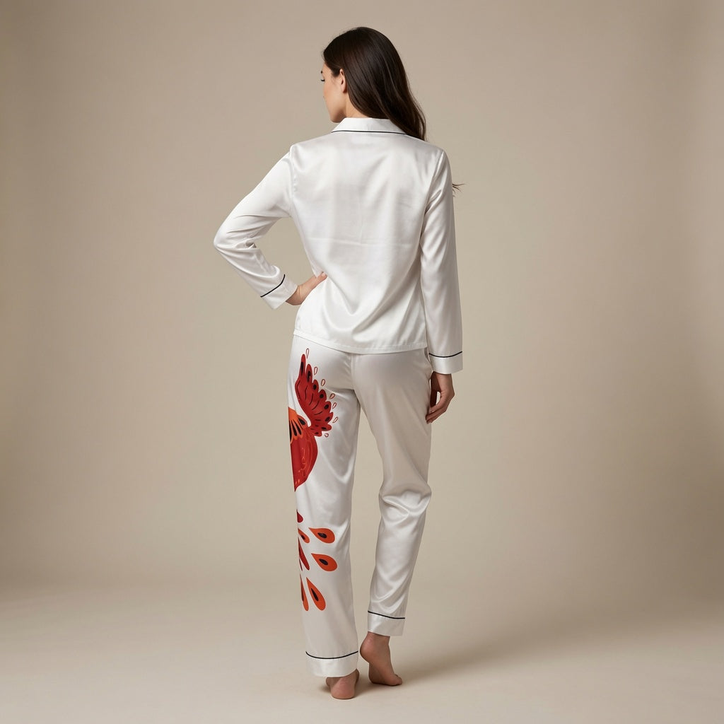 Bird Print Satin Pajamas - Women