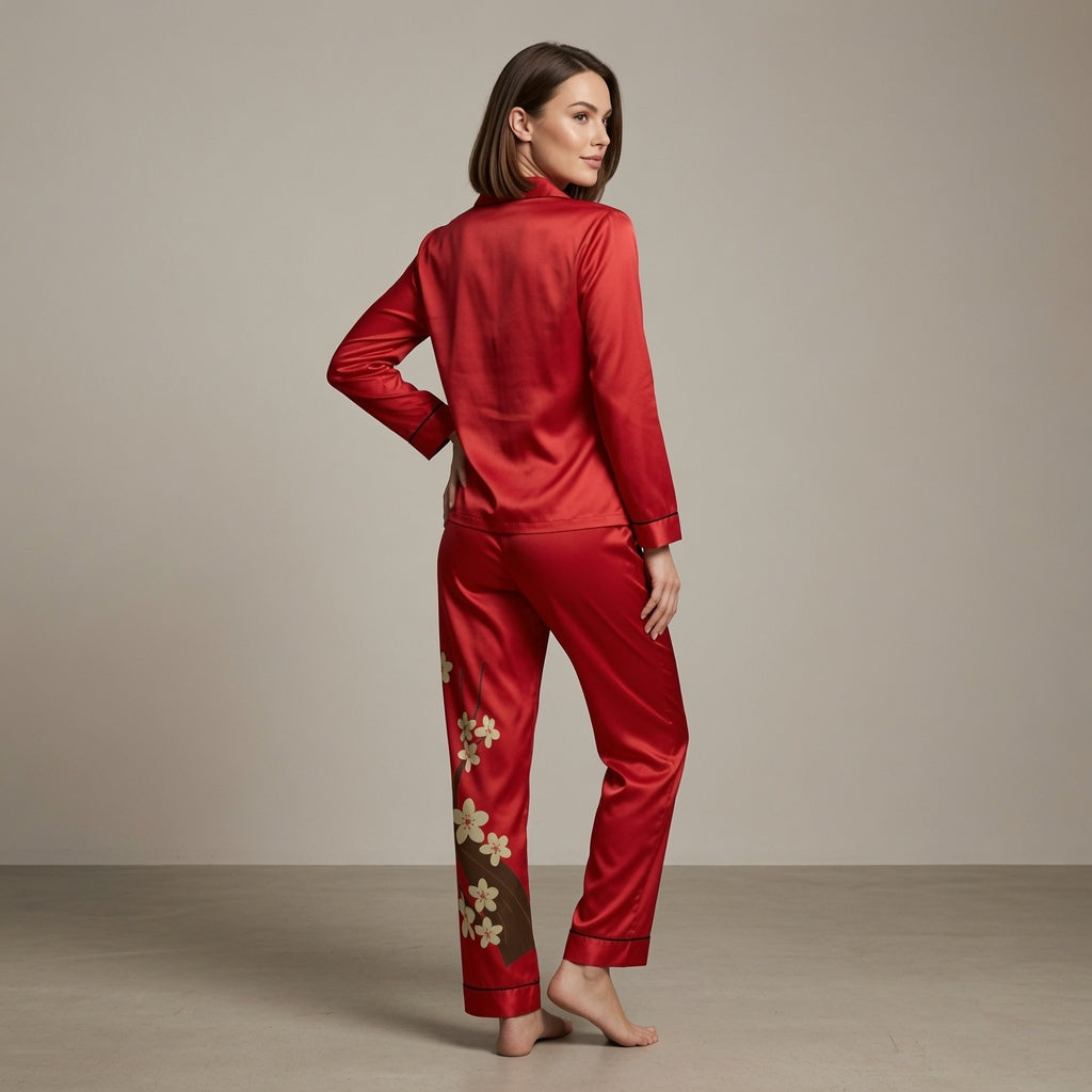 Asian Floral Satin Pajamas - Women